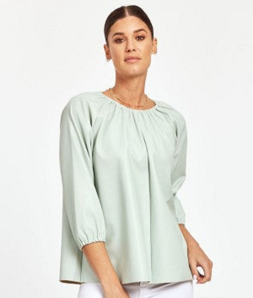Dolce Cabo Vegan Leather Puff Sleeve Top with Gathered Neckline
